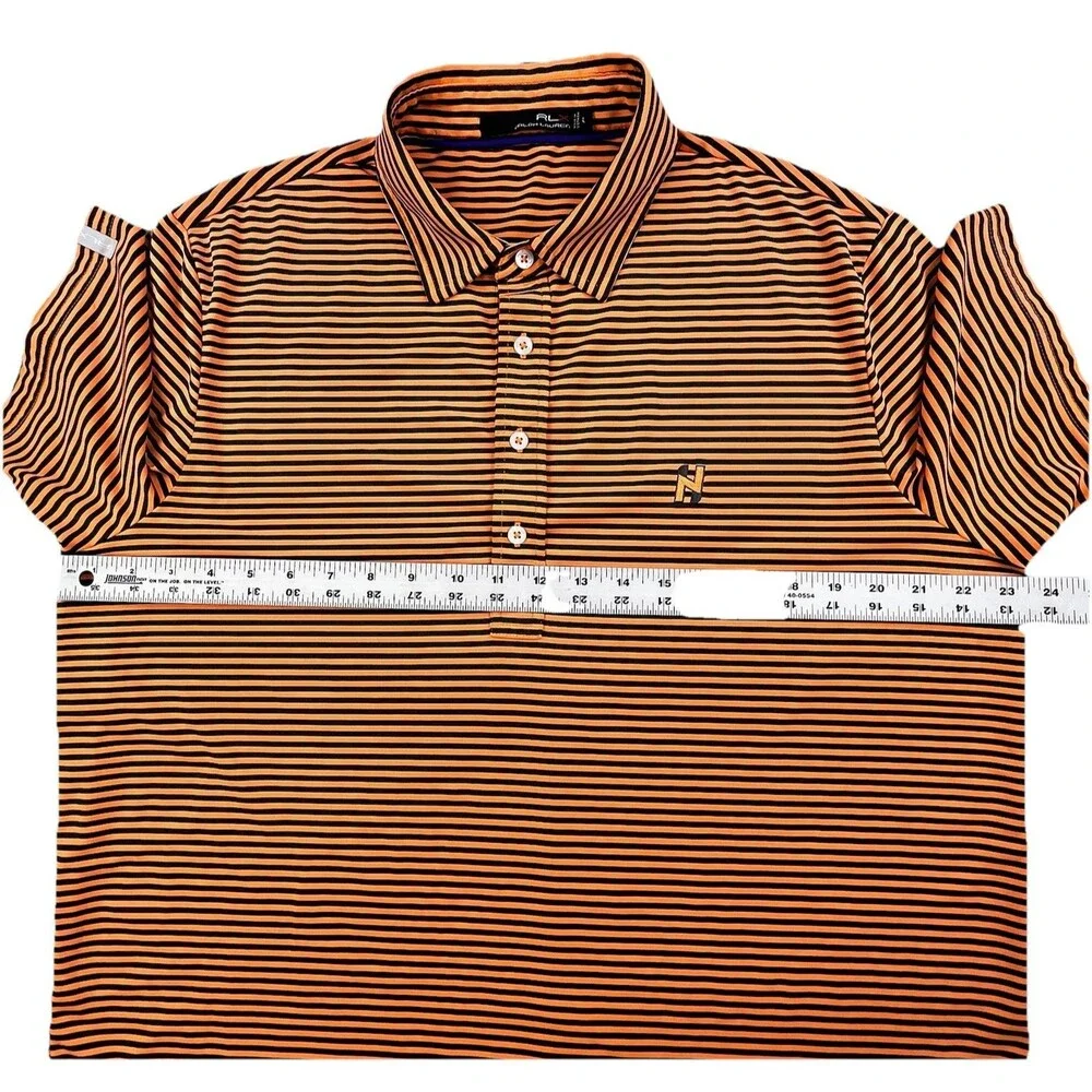 Ralph Lauren RLX Polo Shirt Mens Large Orange Black Stripe Performance Golf Tour